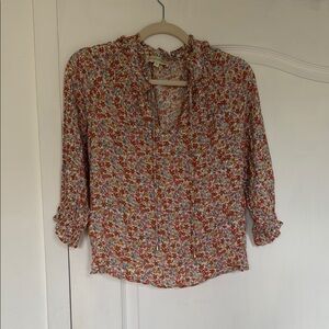 Brown and Orange Ruffled Blouse with Cuffed Sleeves